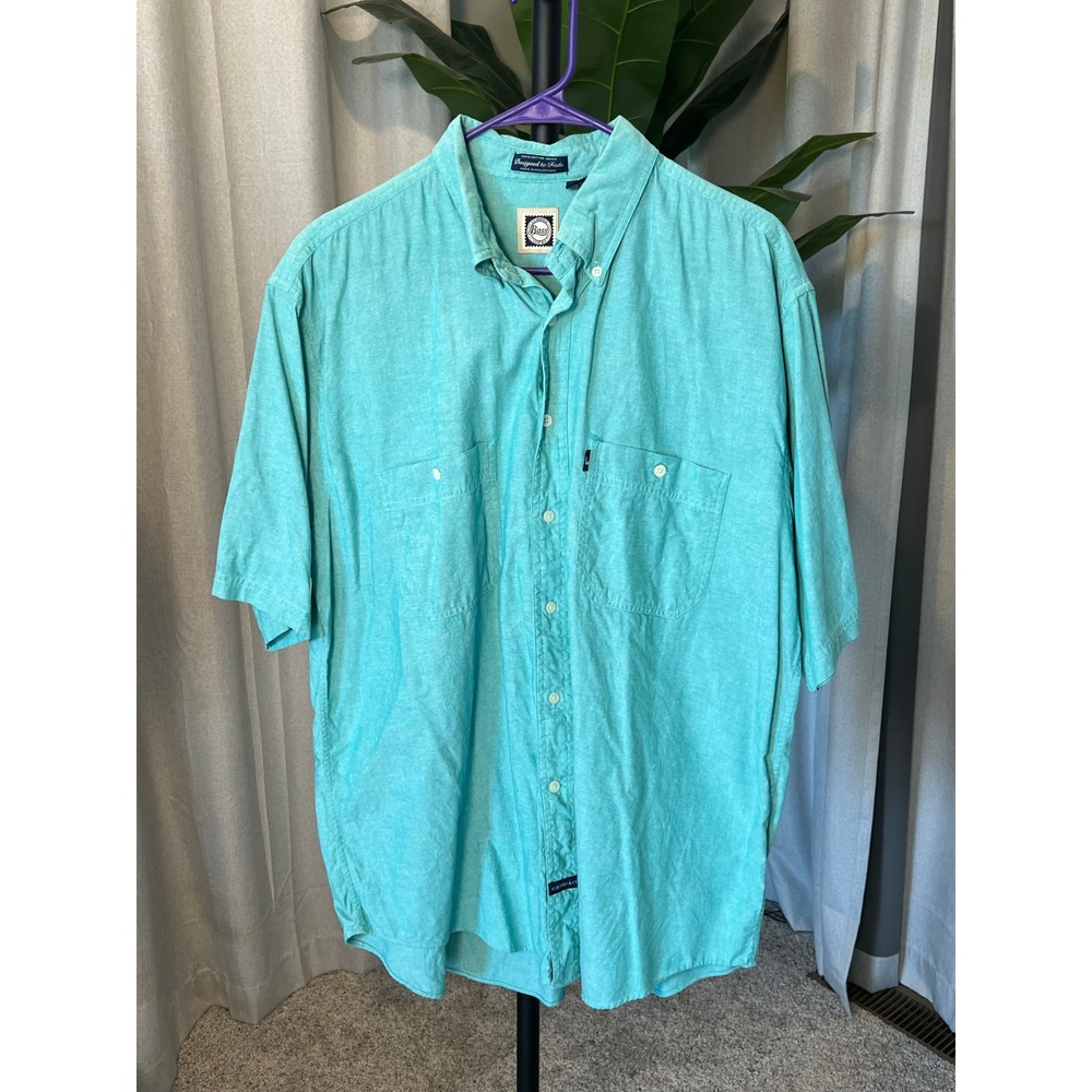 GH Bass Mens Large Short Sleeve Button Down Shirt Teal Indigo Cotton Textured